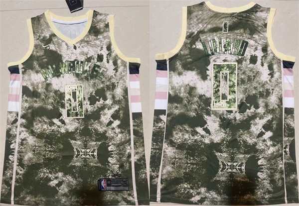 Mens Milwaukee Bucks #0 Damian Lillard Green White Stitched Basketball Jersey